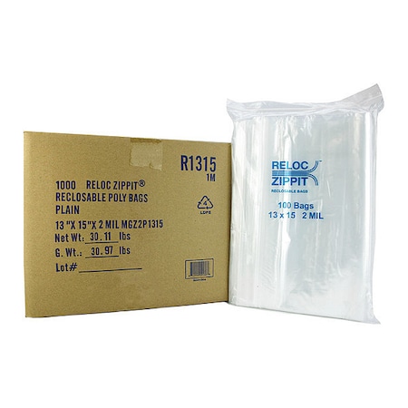 Reclosable Bag, Zip Seal, 15 in L, 13 in W, 2 mil Thick, Polyethylene, Clear MPN:R1315