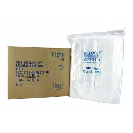 Reclosable Bag, Zip Seal, 18 in L, 13 in W, 2 mil Thick, Polyethylene, Clear MPN:R1318