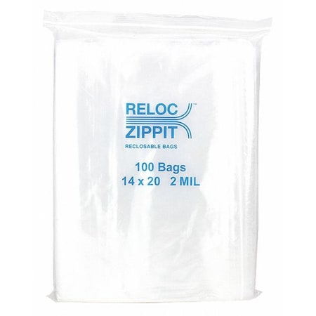 Reclosable Bag, 20 L, 14 in W, 2 mil Thick, Polypropylene, Clear MPN:R1420