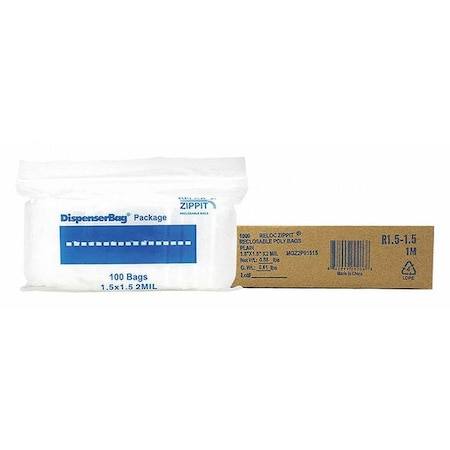 Reclosable Bag, 1.5 L, 1 1/2 in W, 2 mil Thick, Polypropylene, Clear MPN:R1.5-1.5