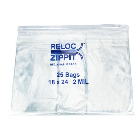 Reclosable Bag, Zip Seal, 24 in L, 18 in W, 2 mil Thick, Polyethylene, Clear MPN:R1824