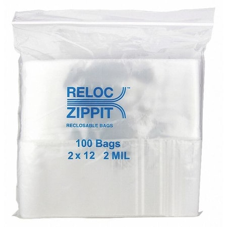 Reclosable Bag, 12 L, 2 in W, 2 mil Thick, Polypropylene, Clear MPN:R212