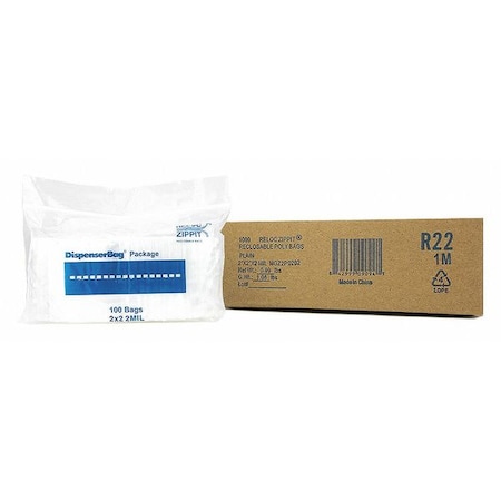 Reclosable Bag, 2 L, 2 in W, 2 mil Thick, Polyethylene, Clear MPN:R22