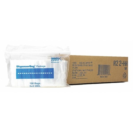 Reclosable Bag, 2 L, 2 in W, 2 mil Thick, Polyethylene, Clear MPN:R22-HH
