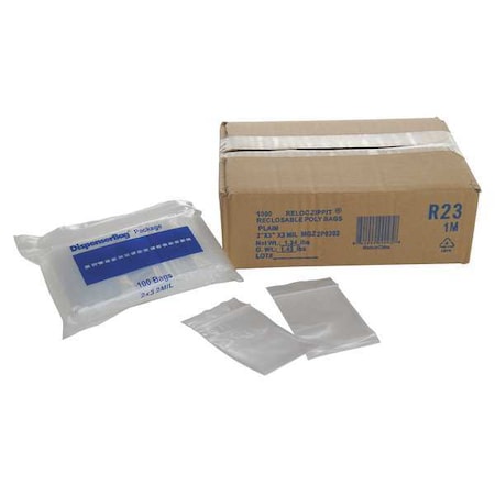 Reclosable Bag, Zip Seal, 3 in L, 2 in W, 2 mil Thick, Polyethylene, Clear MPN:R23