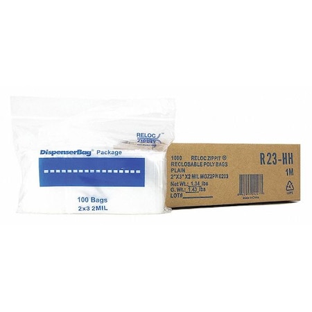 Reclosable Bag, 3 L, 2 in W, 2 mil Thick, Polyethylene, Clear MPN:R23-HH