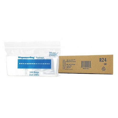 Reclosable Bag, 4 L, 2 in W, 2 mil Thick, Polyethylene, Clear MPN:R24