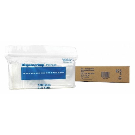 Reclosable Bag, 5 L, 2 in W, 2 mil Thick, Polyethylene, Clear MPN:R25