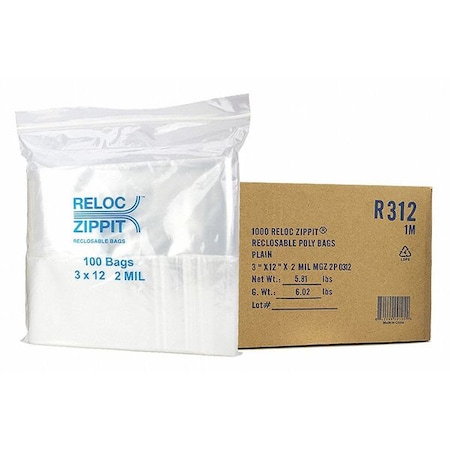 Reclosable Bag, 12 L, 3 in W, 2 mil Thick, Polypropylene, Clear MPN:R312