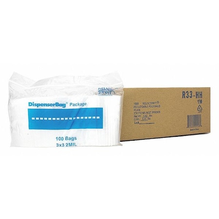 Reclosable Bag, 3 L, 3 in W, 2 mil Thick, Polyethylene, Clear MPN:R33-HH