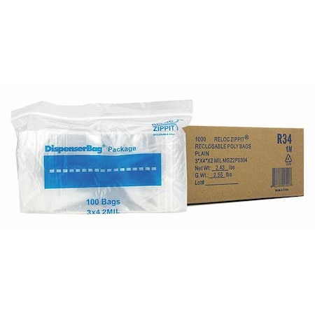 Reclosable Bag, 4 L, 3 in W, 2 mil Thick, Polyethylene, Clear MPN:R34