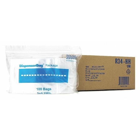 Reclosable Bag, 4 L, 3 in W, 2 mil Thick, Polyethylene, Clear MPN:R34-HH