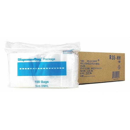 Reclosable Bag, 5 L, 3 in W, 2 mil Thick, Polyethylene, Clear MPN:R35-HH