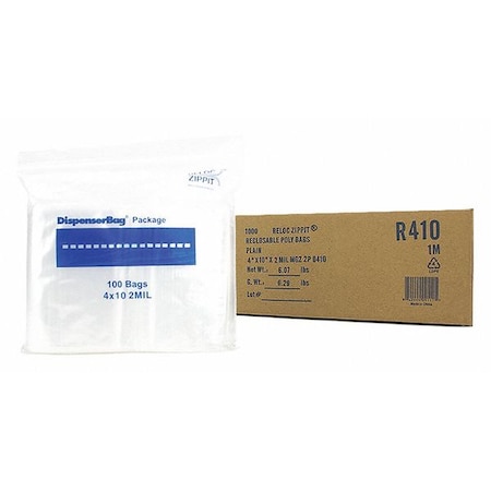 Reclosable Bag, 10 L, 4 in W, 2 mil Thick, Polypropylene, Clear MPN:R410