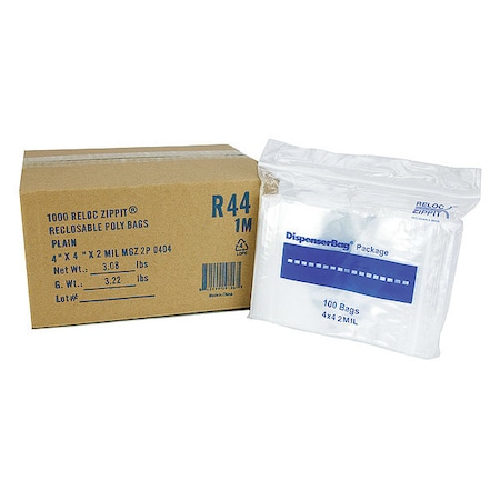 Reclosable Bag, Zip Seal, 4 in L, 4 in W, 2 mil Thick, Polyethylene, Clear MPN:R44