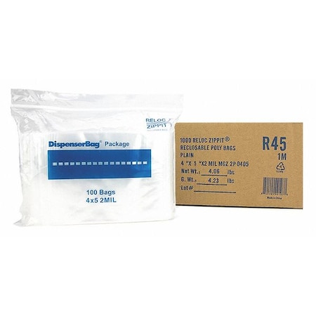 Reclosable Bag, 5 L, 4 in W, 2 mil Thick, Polyethylene, Clear MPN:R45