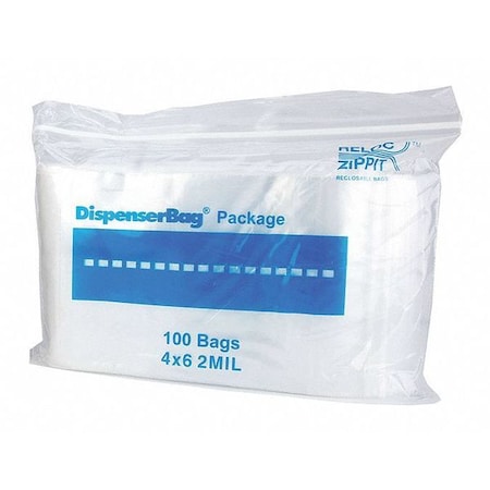 Reclosable Bag, Zip Seal, 6 in L, 4 in W, 2 mil Thick, Polyethylene, Clear MPN:R46