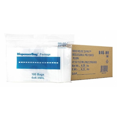 Reclosable Bag, 6 L, 4 in W, 2 mil Thick, Polyethylene, Clear MPN:R46-HH