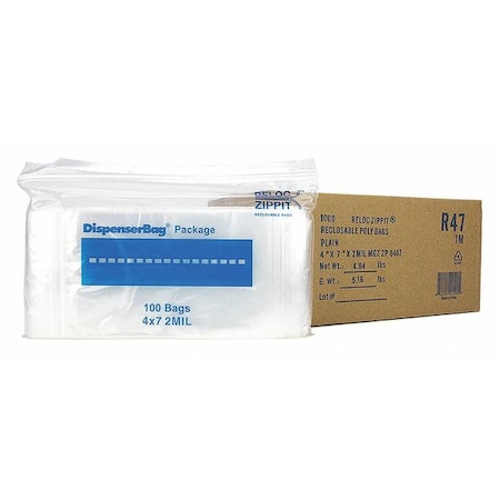 Reclosable Bag, 7 L, 4 in W, 2 mil Thick, Polyethylene, Clear MPN:R47