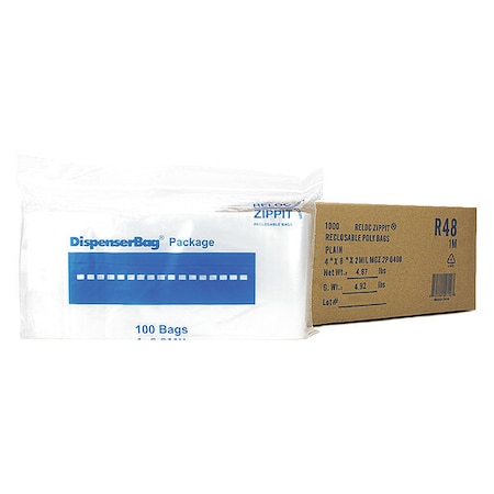 Reclosable Bag, 8 L, 4 in W, 2 mil Thick, Polypropylene, Clear MPN:R48