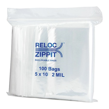 Reclosable Bag, Zip Seal, 10 in L, 5 in W, 2 mil Thick, Polyethylene, Clear MPN:R510
