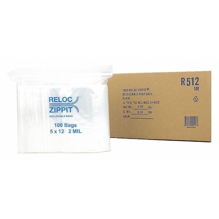 Reclosable Bag, 12 L, 5 in W, 2 mil Thick, Polypropylene, Clear MPN:R512