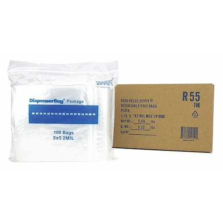 Reclosable Bag, 5 L, 5 in W, 2 mil Thick, Polyethylene, Clear MPN:R55