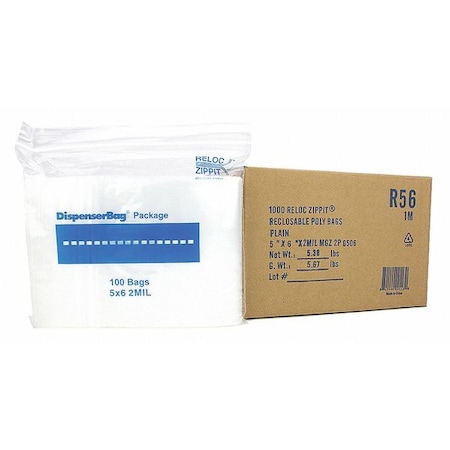 Reclosable Bag, 6 L, 5 in W, 2 mil Thick, Polyethylene, Clear MPN:R56