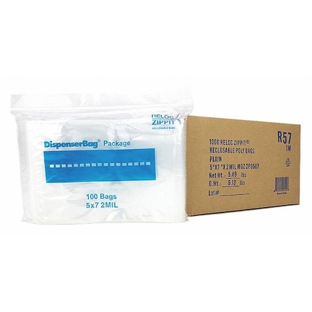 Reclosable Bag, 7 L, 5 in W, 2 mil Thick, Polyethylene, Clear MPN:R57