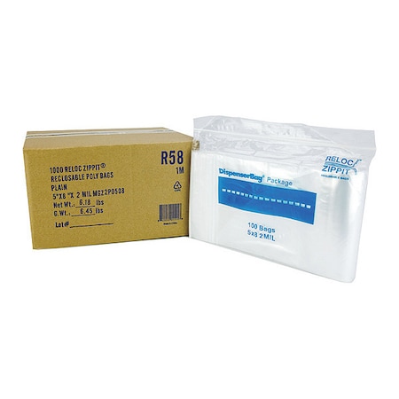Reclosable Bag, Zip Seal, 8 in L, 5 in W, 2 mil Thick, Polyethylene, Clear MPN:R58