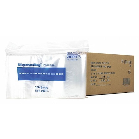 Reclosable Bag, 8 L, 5 in W, 2 mil Thick, Polyethylene, Clear MPN:R58-HH