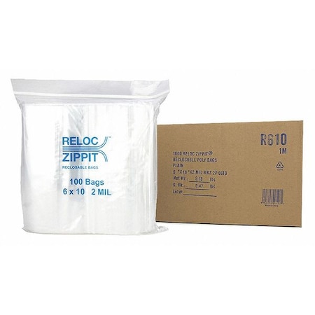 Reclosable Bag, 10 L, 6 in W, 2 mil Thick, Polypropylene, Clear MPN:R610