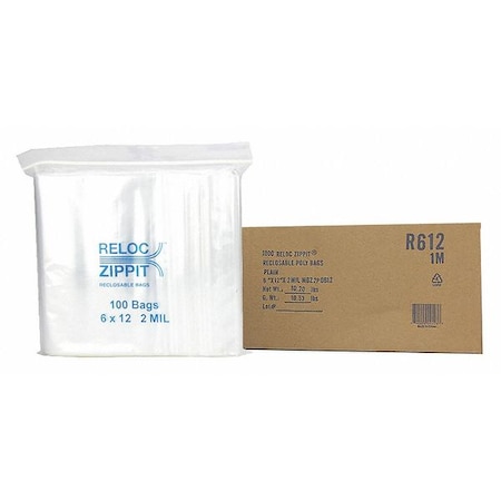 Reclosable Bag, 12 L, 6 in W, 2 mil Thick, Polypropylene, Clear MPN:R612