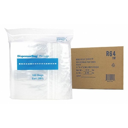 Reclosable Bag, 4 L, 6 in W, 2 mil Thick, Polyethylene, Clear MPN:R64