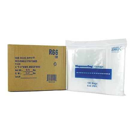 Reclosable Bag, Zip Seal, 6 in L, 6 in W, 2 mil Thick, Polyethylene, Clear MPN:R66