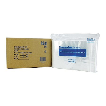 Reclosable Bag, Zip Seal, 8 in L, 6 in W, 2 mil Thick, Polyethylene, Clear MPN:R68
