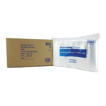 Reclosable Bag, Zip Seal, 9 in L, 6 in W, 2 mil Thick, Polyethylene, Clear MPN:R69