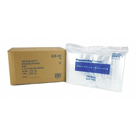 Reclosable Bag, Zip Seal, 9 in L, 6 in W, 2 mil Thick, Polyethylene, Clear MPN:R69-HH
