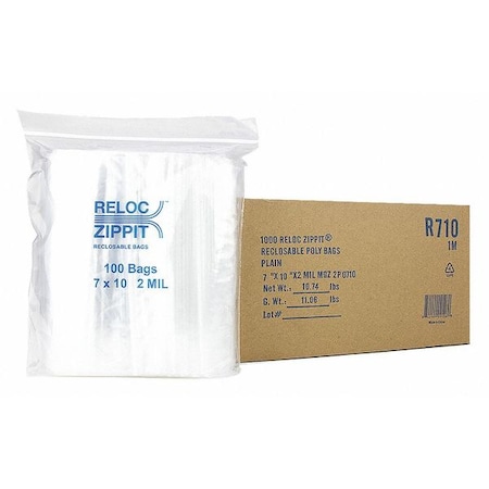 Reclosable Bag, 10 L, 7 in W, 2 mil Thick, Polypropylene, Clear MPN:R710