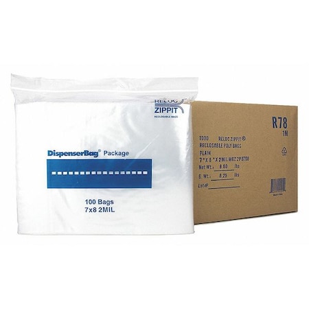 Reclosable Bag, 8 L, 7 in W, 2 mil Thick, Polyethylene, Clear MPN:R78