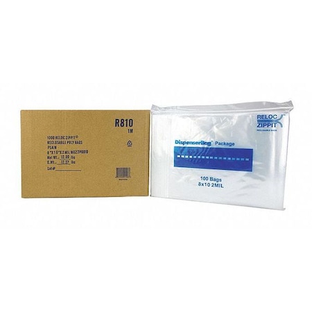 Reclosable Bag, Zip Seal, 10 in L, 8 in W, 2 mil Thick, Polyethylene, Clear MPN:R810