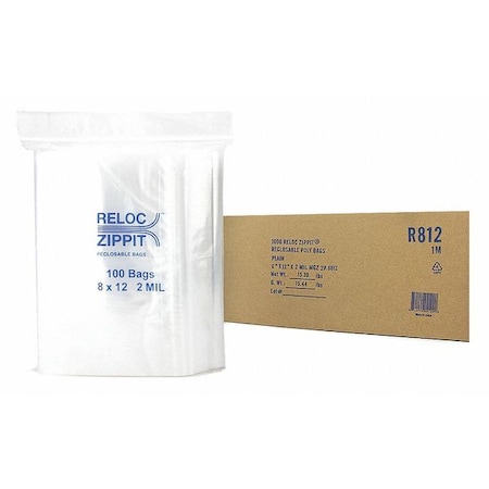 Reclosable Bag, 12 L, 8 in W, 2 mil Thick, Polypropylene, Clear MPN:R812