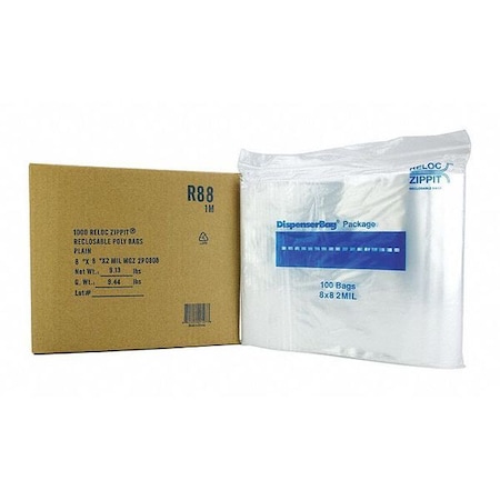 Reclosable Bag, Zip Seal, 8 in L, 8 in W, 2 mil Thick, Polyethylene, Clear MPN:R88