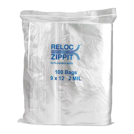 Reclosable Bag, Zip Seal, 12 in L, 9 in W, 2 mil Thick, Polyethylene, Clear MPN:R912