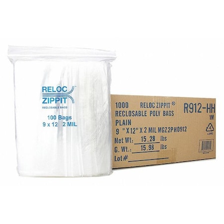 Reclosable Bag, 12 L, 9 in W, 2 mil Thick, Polyethylene, Clear MPN:R912-HH