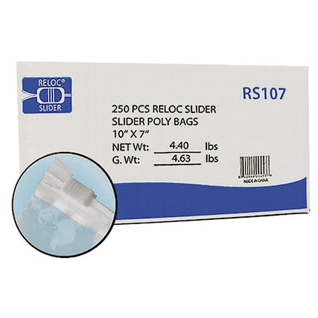 Reclosable Bag, Slide Seal, 7 in L, 10 in W, 3 mil Thick, Polyethylene, Clear MPN:RS107