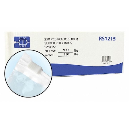 Reclosable Bag, 15 L, 12 in W, 2 mil Thick, Polypropylene, Clear MPN:RS1215