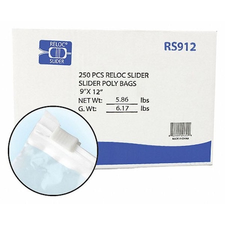 Reclosable Bag, 12 L, 9 in W, 2 mil Thick, Polyethylene, Clear MPN:RS912