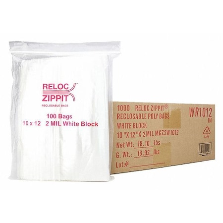 Reclosable Bag, 12 L, 10 in W, 2 mil Thick, Polypropylene, Clear MPN:WR1012