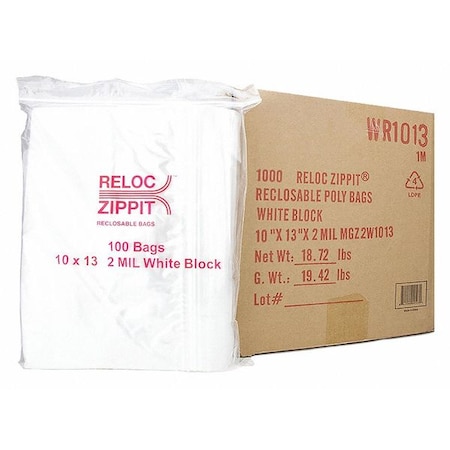 Reclosable Bag, 13 L, 10 in W, 2 mil Thick, Polypropylene, Clear MPN:WR1013